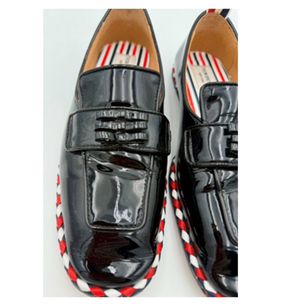 Thom Browne Black Patent Leather Loafers with Red White and Blue Trim - Picture 4 of 9